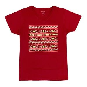 Here Comes Santa Paws LARGE Ladies V-neck RED Short Sleeve Christmas Tee NEW